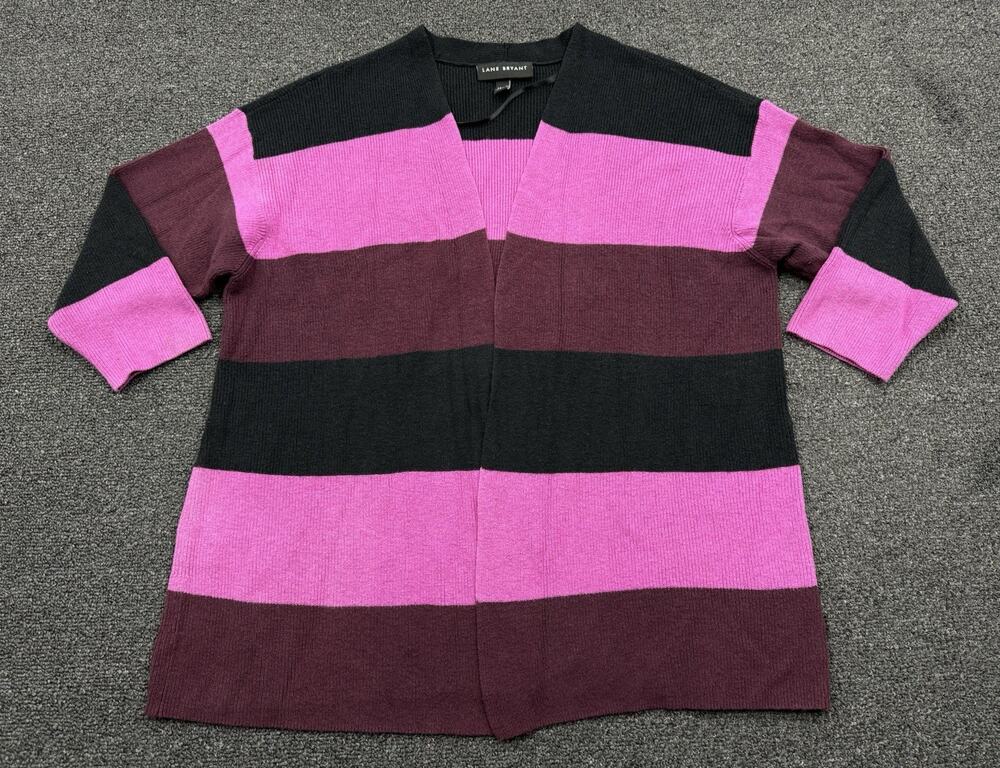 Lane Bryant Open Front Cardigan Sweater Womens 14/16 Plus Pink Burgundy Striped